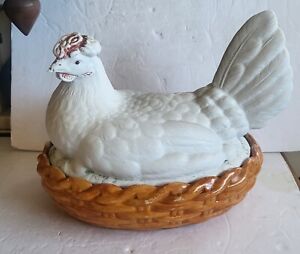 Antique Bisque Porcelain Hen On A Nest Chicken Tureen 2 Part Staffordshire