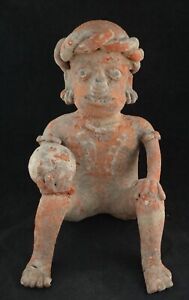 Ancient Pre Columbian Nayarit Reddish Pottery Seated Ball Player 12 Tall