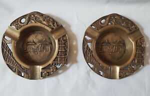 Antique Ornate Chinese Ashtray Brass Relief Set Of Two Dragon Temples