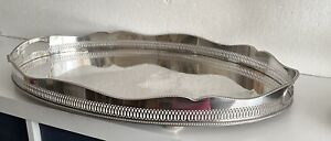 Large Silver Plated Galleried Butler Serving Tray Scalloped Edge Vintage Antique