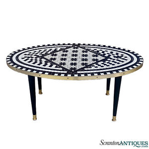 Mid Century Modern Tile Top Black White Mosaic Oval Coffee Table