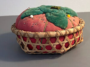 Antique Handmade Pin Cushion Miniature Cheese Basket Shaker Type Sewing Folk Art