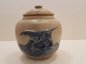 Rare Antique Utica New York Stoneware Jar With Hunting Dog Cobalt Glaze