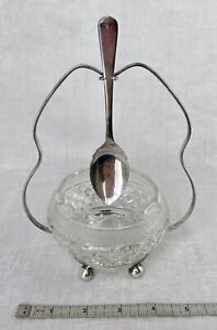 English Epns Silver Plate Spoon Holder Pressed Glass Sugar Bowl