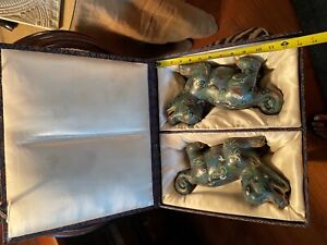 Chinese Cloisonne Enamel Gilt Pair Foo Dogs With Original Box