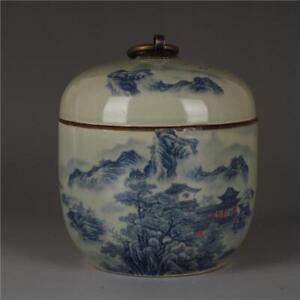 4 72 Chinese Blue And White Porcelain Jar Red Landscape Pattern Pot Tea Caddy