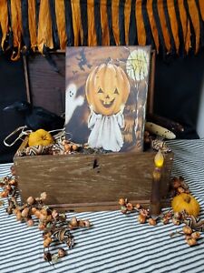 Vintage Primitive Victorian Style Halloween Huge Pumpkin Head Ghost Spooky Sign