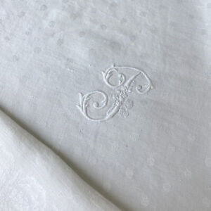 Antique French T Or J Monogram Polka Dot Ground Butterfly Damask White Cotton N