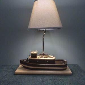 Handcrafted Vintage Wooden Tug Boat Lamp With Removable Wooden Boat