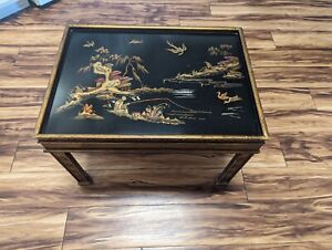 Heritage Chinoiseries Hand Painted Scene Carved Gilt Wood Glass Insert End Table