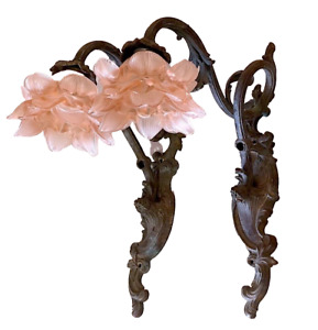 Pair Of Rare Antique French Bronze Brass Spiral Sconces Pink Satin Rose Shades