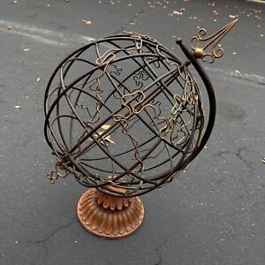 Large Artistic Brass Metal Hollowed World Globe Wood Stand 19 Tall India Euc