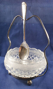 English Epns Silver Plate Spoon Holder Pressed Glass Sugar Bowl