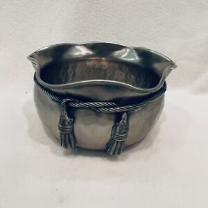 Antique Silver Washed Hammered Peen Bowl W Cinch Rope Tassels