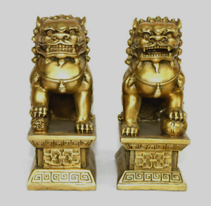 6 5 Chinese Bronze Brass Guardian Foo Fu Dog Phylactery Door Lion Pair Statue