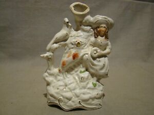 Antique Staffordshire Figure Of Girl With Bird Dog Spill Figurine 4 1 2 1870