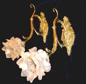 Pair Of Gorgeous Rare Antique French Bronze Brass Sconces Ram Heads Satin Roses