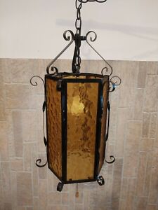 Vtg Lg Mid Century Black Wrought Iron Spanish Revival Gothic Hanging Swag Lamp