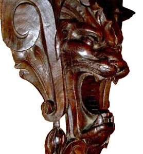 French Antique Carved Wood Oak Decor Pediment Devil Satan Circa 19th 40 X 36cm