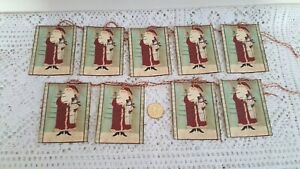 9 Primitive Christmas Farmhouse Red Coat Santa Linen Cardstock Gift Hang Tags