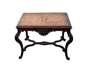 Antique Italian Renaissance Style Carved Walnut W Burl Top Coffee Table
