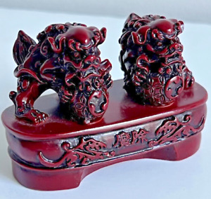 Vintage 1970s Chinese Foo Dogs Pair Red On Pedestal