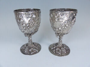 Exceptional Pair Of Antique Repousse Hand Chased Sterling Silver Wine Goblets