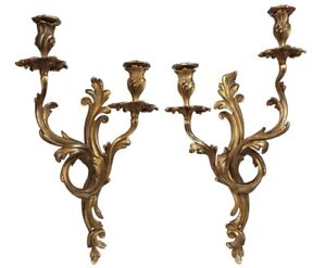 Pair Large Antique French Louis Xv Rococo Gilt Bronze Ormolu Candle Wall Sconces
