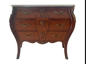Marquetry French Bombe Inlaid Chest Of 3 Drawers Louis Xv With Marble Top