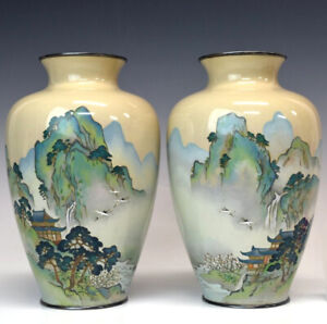 Japanese Antique Cloisonne Vase Mountain And River Landscape Pair Meiji Period