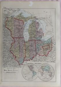1876 Wisconsin Illinois Ohio Indiana Michigan Antique Centinnial Atlas Map