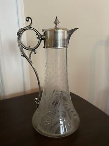 Vintage Etched Clear Glass And Silver Plate Claret Jug Carafe