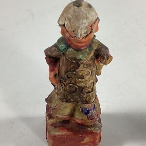 Antique Chinese Polychrome Hand Painted Carved Wood Temple Figure 5 X2 