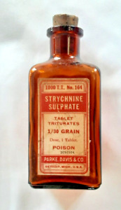 Antique Strychnin Sulphate Poison Drug Bottle Glass Apothecary Cork Top