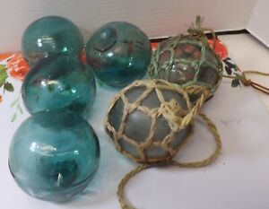 Japanese Glass Ball Fishing Floats Lot 6 Netting 3 5 Auth Japan Buoy Wake Island