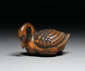 Netsuke Ojime Sagemono Wood Carving Sculpture Japanese Antique Tsuge Goose