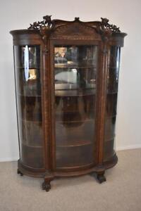 Antique Oak Carved Glass China Cabinet With Griffins Fan Form Center Claw Feet
