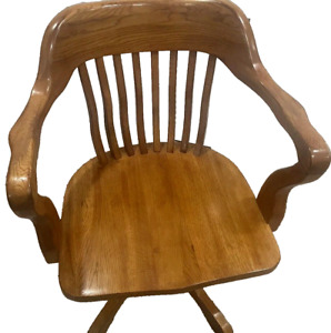 Vintage Mission Oak Wood Banker Swivel Rolling Office Chair Height Adjustable