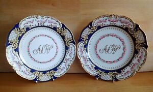 Antique Pair Copeland Porcelain Plates With Enamelled Roses Raised Initials