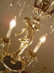 Chandelier Vintage Antique Nickel Silver Crystal Cherubs Lamp 8 Lights 29 
