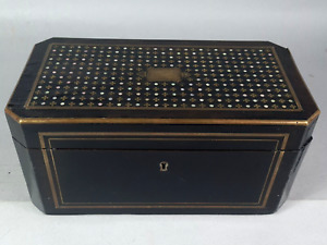 Antique Box Tea Lacquered Burgaute Mother Of Pearl Brass Napoleon Iii B981