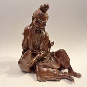 Vintage Chinese Finely Hand Carved Wood Carving Figure With Fish Estate Find