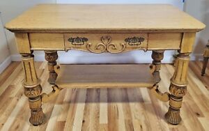 Mission 19th 20th C Antique American Arts Crafts Carved Oak Desk Library Table