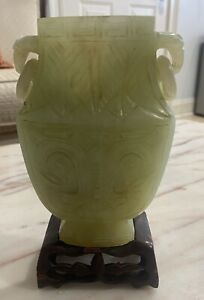Antique Chinese Celadon Jade Carved Archaic Style Vase