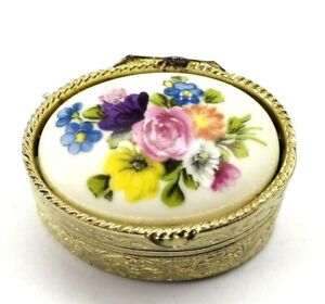 Vtg Victorian Style Floral Pill Oval Box Silver Plated Hand Painted Bouquet