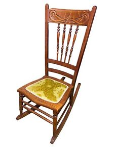 Vintage Pressed Back Oak Rocker Rocking Chair With Upholstered Seating