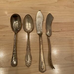Lot Of 4 Swirl Spoon Teaspoon Coin Silver Plate Beacon Butter Knife Crafts