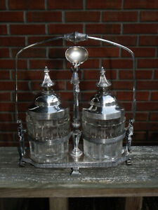 Antique Taunton Silverplate Condiment Holder Spoon 2 Etched Crystal Jars 1850s