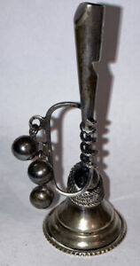Antique Sterling Silver Baby Rattle With 3 Bells Horn Whistle Shape