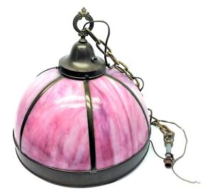 Retro Purple Pink Stained Glass Slag 70s Chandelier Electric Hanging Light Parts